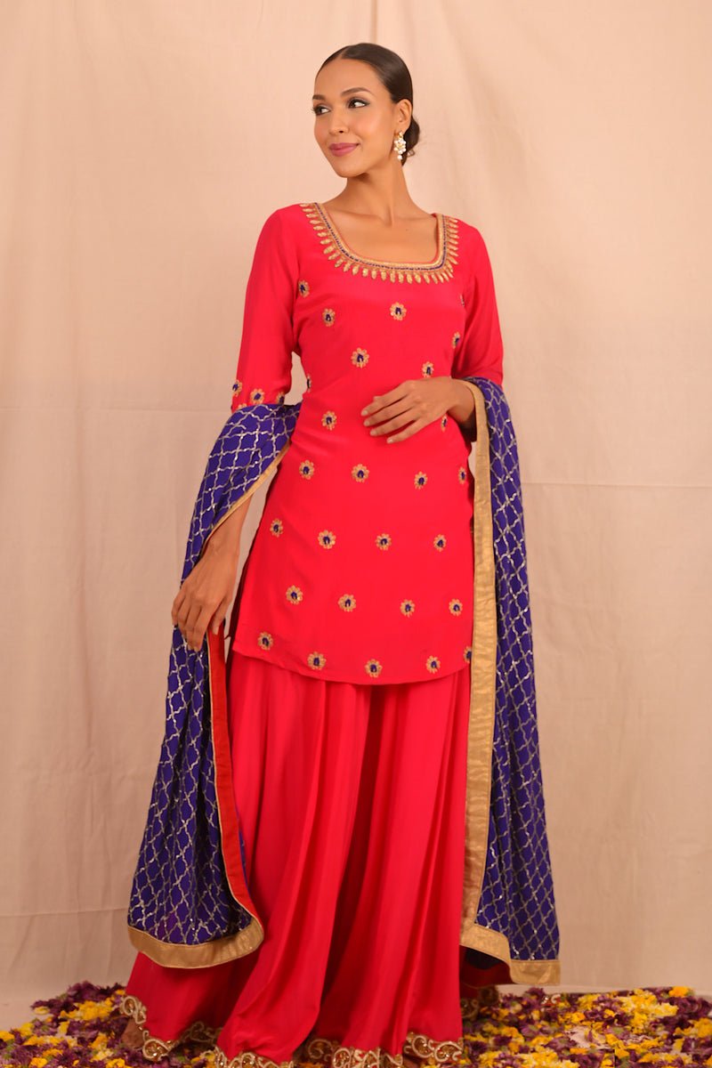 Red Blue Handembroidered Sharara Set