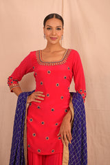 Red Blue Handembroidered Sharara Set