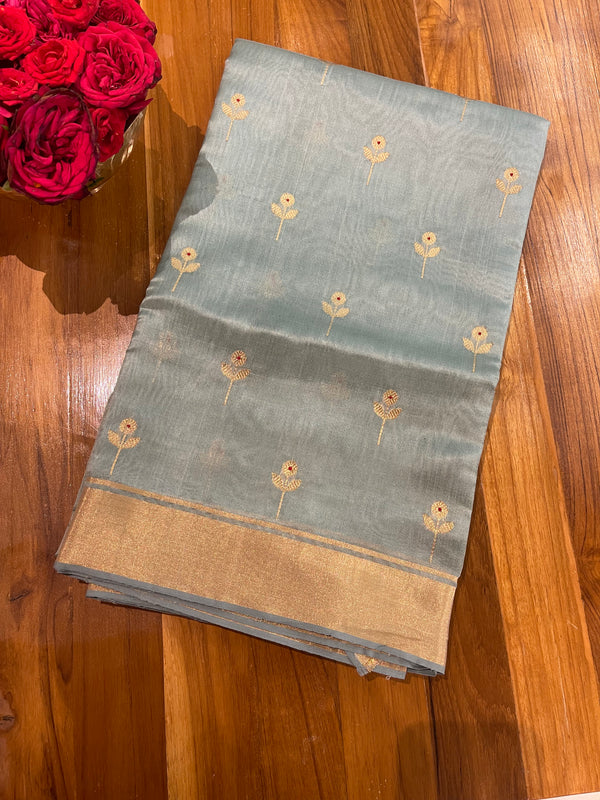 Handloom Chanderi Silk Saree Floral Buta With Red Mina - Sky Blue