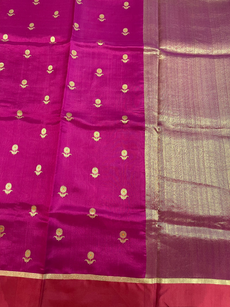 Handloom Chanderi Silk Saree Sun Flower Buta With Red Mina - Dark Pink