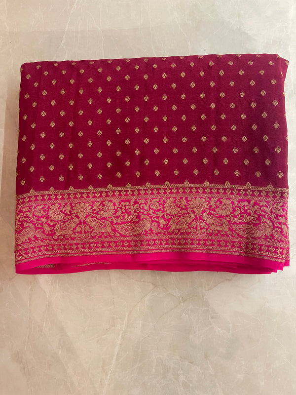 Handloom Fekua Banarasi Khaddi Georgette Silk Saree - Butidar - Red Pink