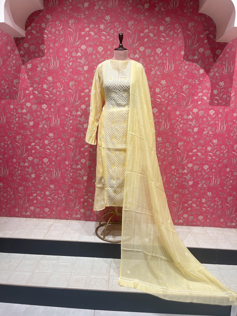 Chikankari Fine Mul Cotton Suit Set - YELLOW