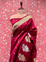 HOV Handloom Banarasi Katan Silk Saree - Butidar Kadhua - Big Rose Buta - Deep Red - 059