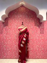 HOV Handloom Banarasi Katan Silk Saree - Butidar Kadhua - Big Rose Buta - Deep Red - 059