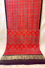 HOV Ajarakh Hand-Block Print Saree with Zari Patta - Modal  - 003