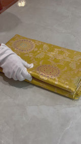 Real Zari Handloom Kadhua Banarasi Katan Silk Saree - Jaangla - Yellow Chakra Minakari