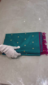 Handloom Handspun Kadhua Banarasi Shalu Silk Satin Saree - Small Border - Sangita- Pink Green