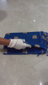 HOV Handloom Banarasi Katan Silk Saree - Butidar - Paisley Buta Blue Gold Border - 099