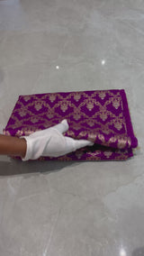HOV Handloom Pure Zari Banarasi Katan Silk Saree - Jaangla - Purple Green All Over Design - 082