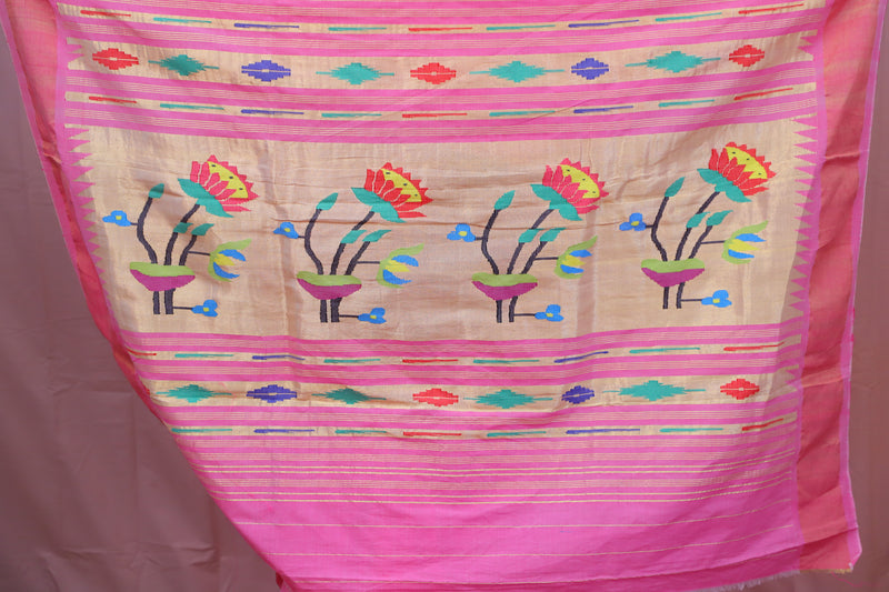 Handwoven Pastel Pink & Gold Paithani Saree With Lotus Motifs